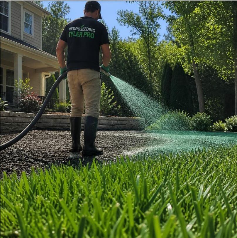 Commercial Hydroseeding Equipment Applying Green Hydromulch Slurry To A Residential Yard In Jacksonville- Texas