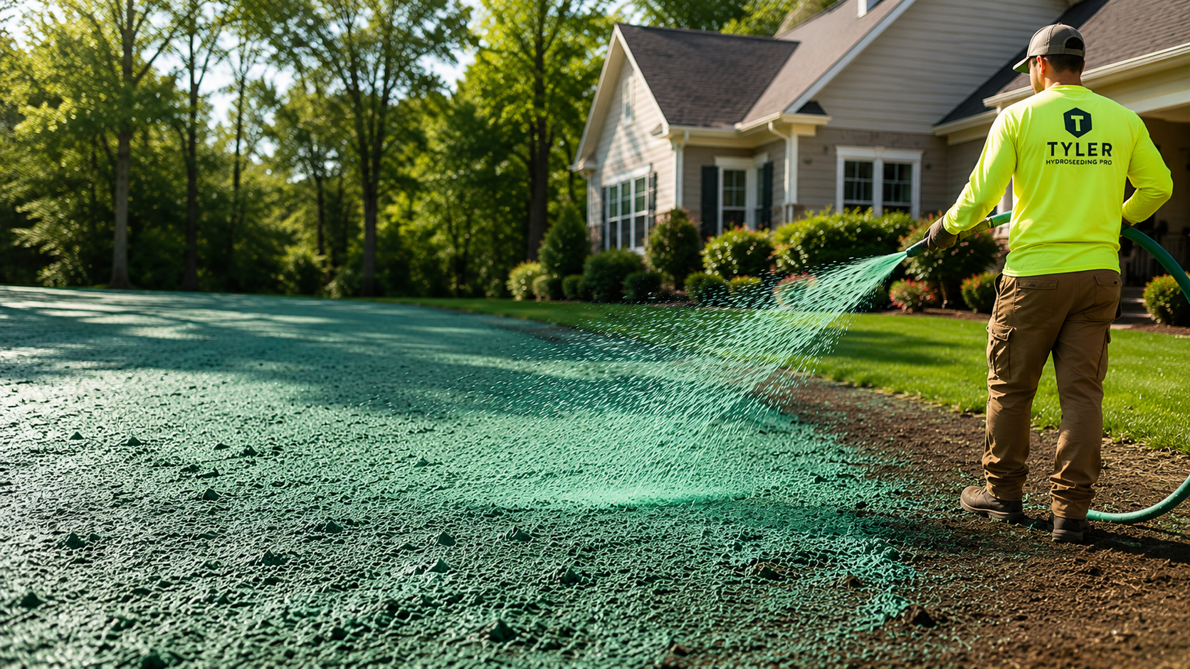 Commercial Hydroseeding Crew Spraying Green Hydromulch Slurry On A Residential Lawn In Longview, Texas